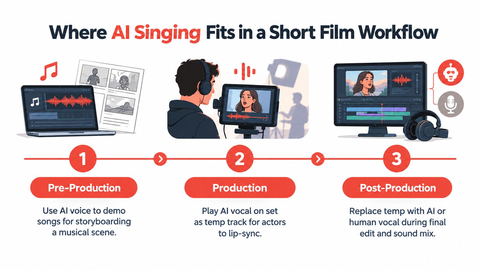 An infographic detailing the three-step workflow for incorporating AI singing technology into short film production.