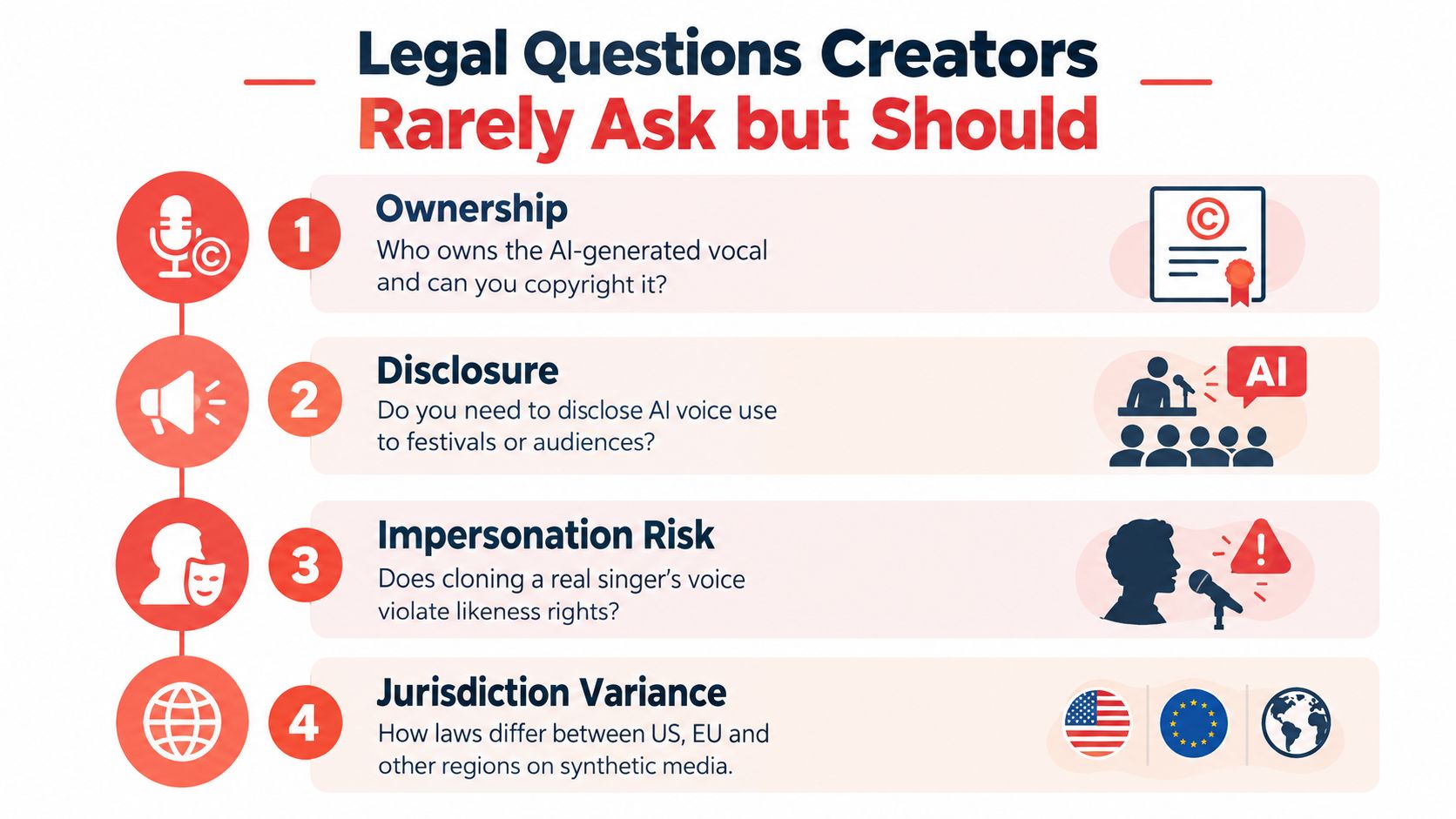 An infographic titled Legal Questions Creators Rarely Ask but Should, highlighting four key legal issues for AI voice creators.