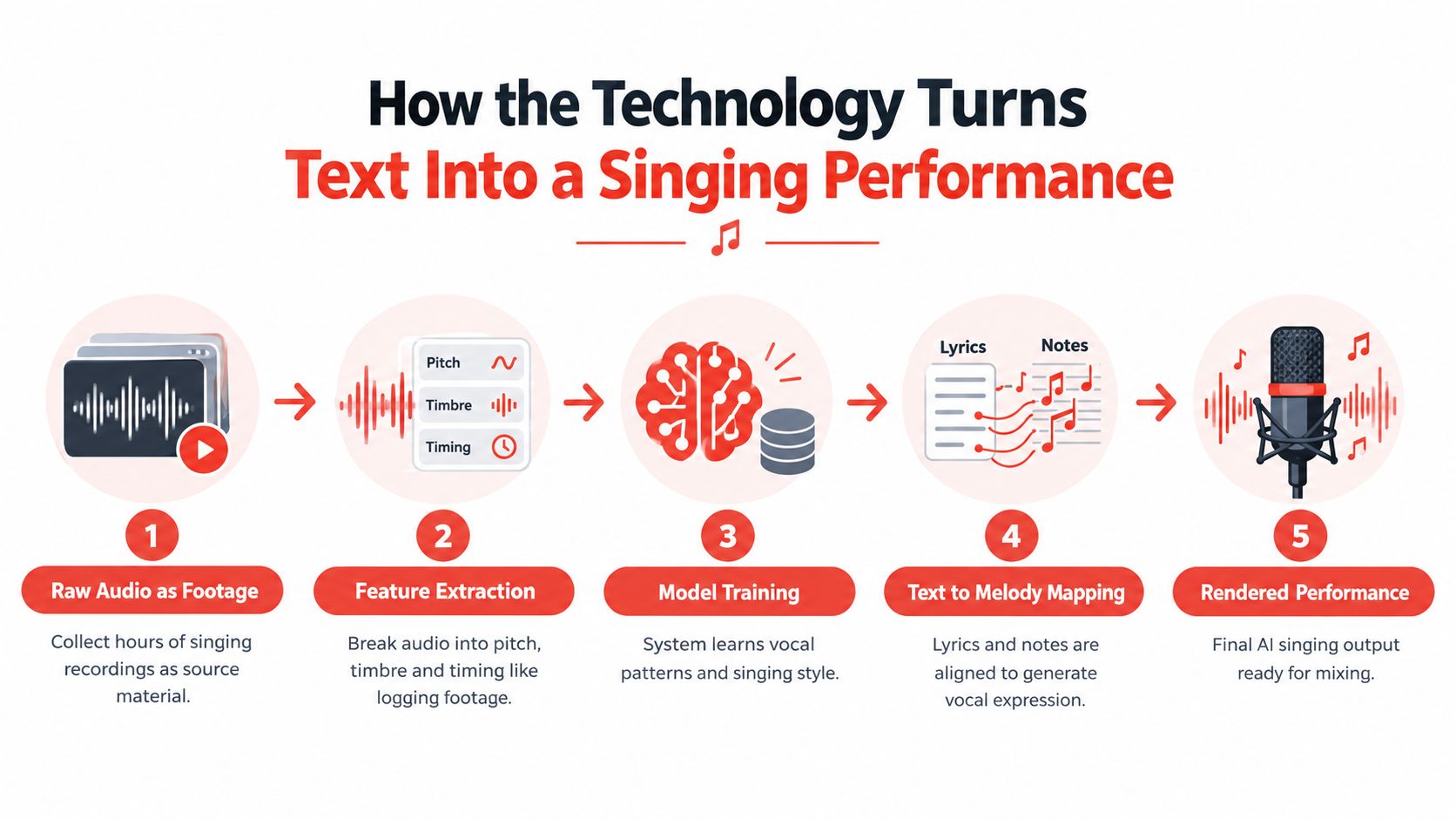 A diagram illustrating the five-step process of using AI technology to convert text into a singing performance.