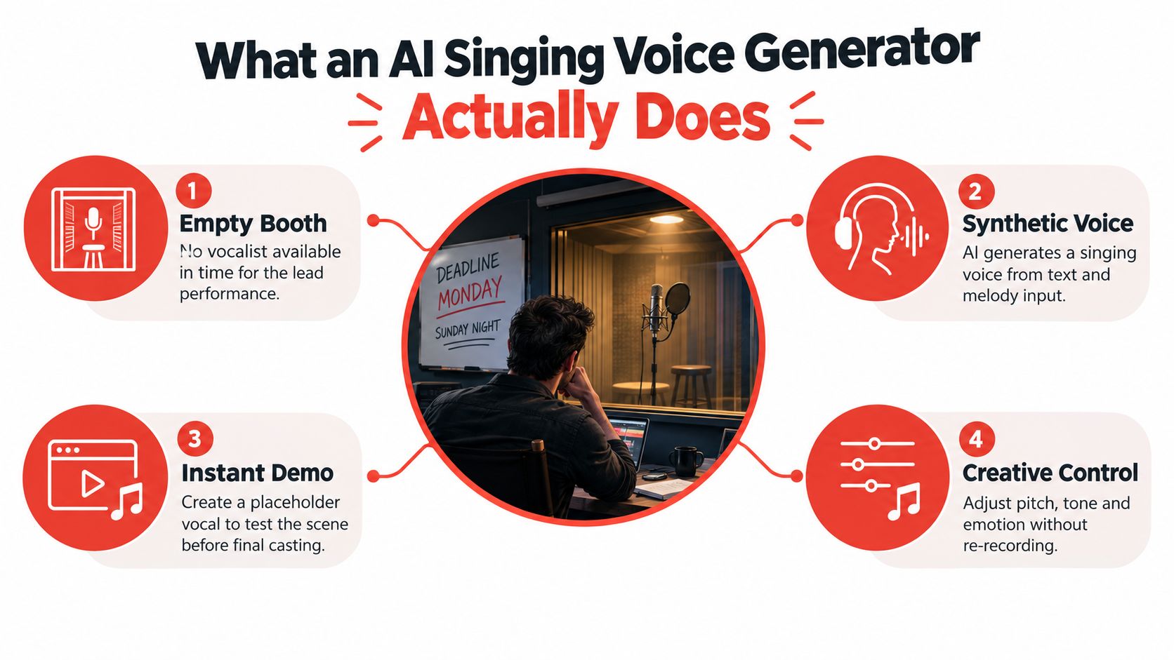 An infographic illustrating how an AI singing voice generator helps creators with virtual studio production processes.