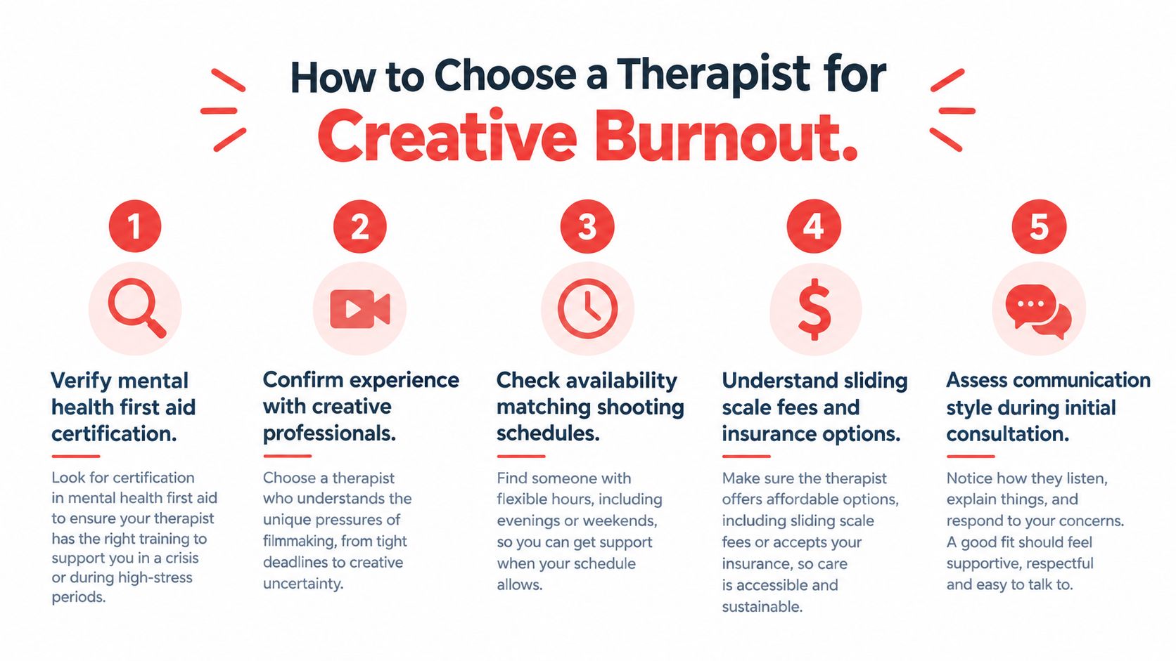 A five-step guide on how to choose a therapist for managing creative burnout and mental health.